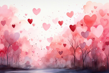 Valentine's day watercolor background. Sweet red hearts. 