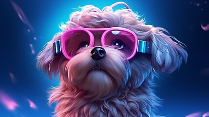 futuristic illustration of petfluencer character Maltese Poodle dog in VR goggles illuminated with pink light against neon blue background,