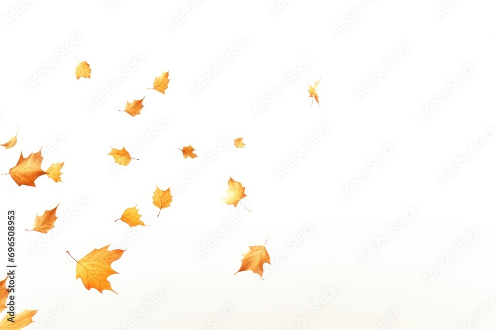 Poster A captivating image capturing a bunch of leaves gracefully soaring through the air. Perfect for adding a touch of nature and serenity to any project