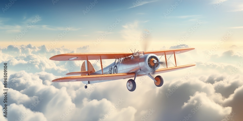 Poster a small airplane flying through a cloudy sky. perfect for aviation and travel-related projects