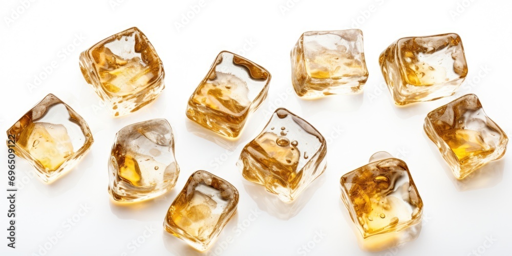 Poster a bunch of ice cubes sitting on top of a table. can be used for various purposes