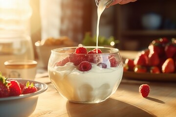 A delicious bowl of yogurt topped with fresh raspberries and strawberries. Perfect for a healthy...