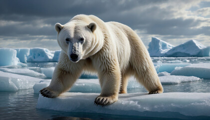 Obraz na płótnie Canvas Polar bear looking at camera on melting artic ice. Climate change concept.