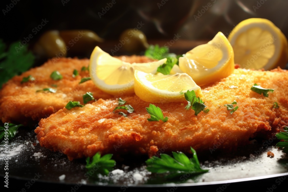 Poster a close up view of a plate of food with slices of lemon. suitable for food blogs, recipe websites, a