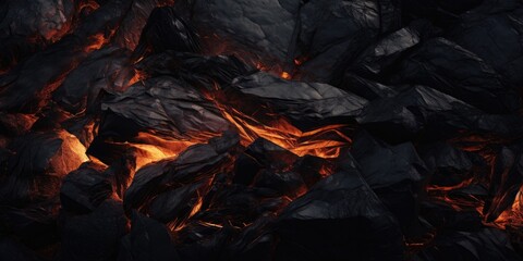 A close-up view of a pile of rocks with flames. This intense image can be used to depict concepts like danger, destruction, heat, or power.