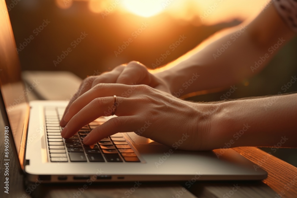 Poster A person is seen typing on a laptop computer placed on a wooden table. This image can be used to illustrate concepts related to technology, work, productivity, or remote work