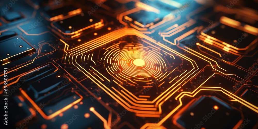 Poster A close up of a circuit board with a fingerprint. Suitable for technology, cybersecurity, or forensic investigation concepts