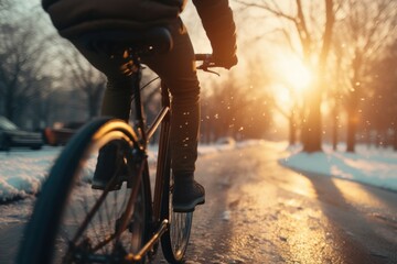 A person riding a bike down a snow covered street. Can be used to illustrate winter activities or transportation in snowy conditions - obrazy, fototapety, plakaty