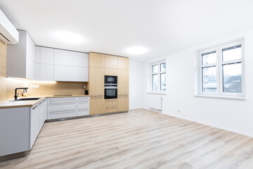 Empty flat with white walls and space for table