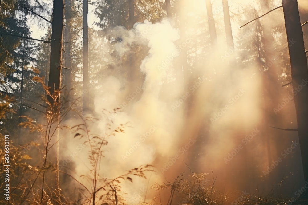 Poster a picturesque view of a dense forest filled with towering trees. perfect for nature enthusiasts and 