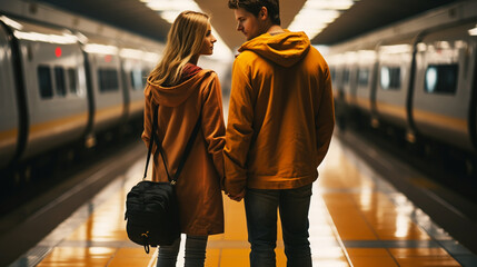 Full length man and lady while embracing her opposite attractive dawn - obrazy, fototapety, plakaty