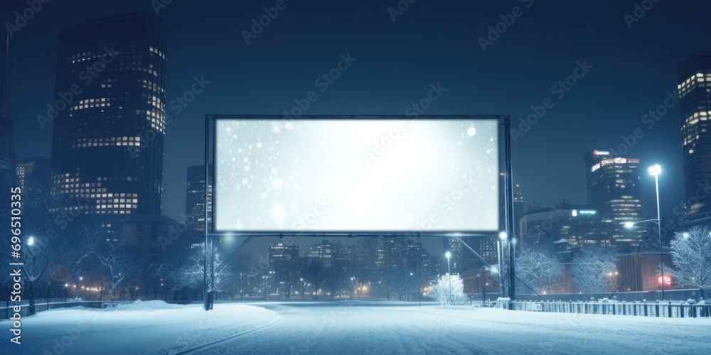 Aufkleber a billboard standing tall in the middle of a snowy city. perfect for showcasing advertisements and p