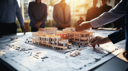 Construction and structure concept of Engineer or architect meeting for project working with partner and engineering tools on model building and blueprint in working site, contract for both companies.
