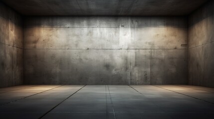 A room with harsh concrete walls. Dark interior is illuminated by spotlights