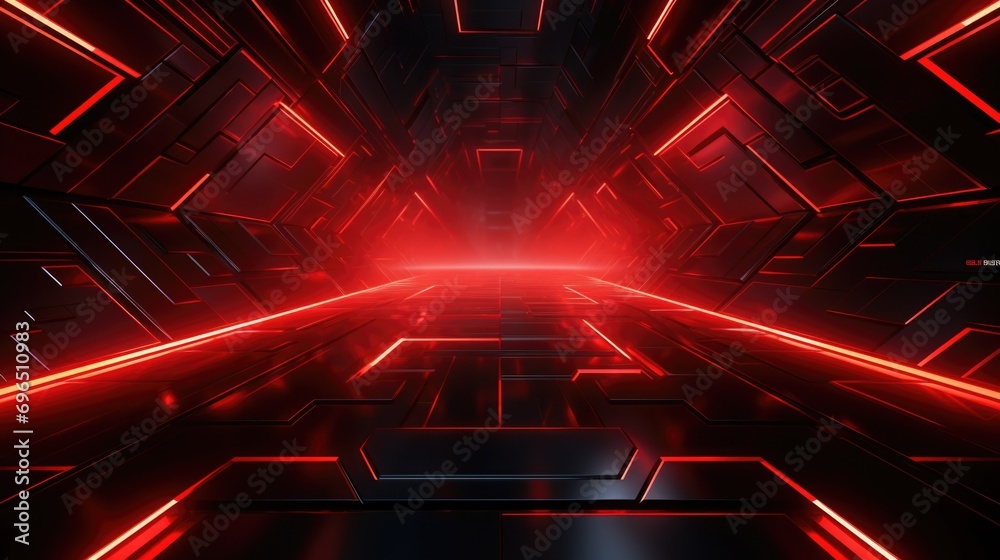 Poster A dark room illuminated by red lights with a black floor. Suitable for creating a mysterious or edgy atmosphere
