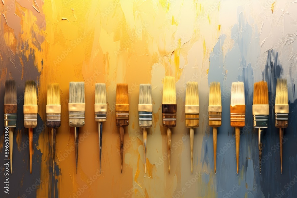 Poster a row of paint brushes sitting on top of a wall. ideal for art and painting projects