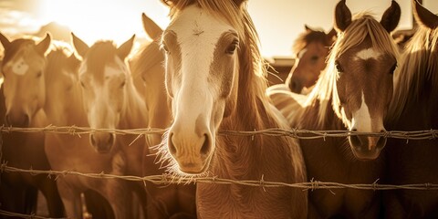 A group of horses standing together behind a wooden fence. Suitable for equestrian-related content or farm-themed designs - obrazy, fototapety, plakaty