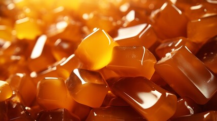 Delicious caramel candies on a background of juicy caramel sauce. Sweet texture background - obrazy, fototapety, plakaty