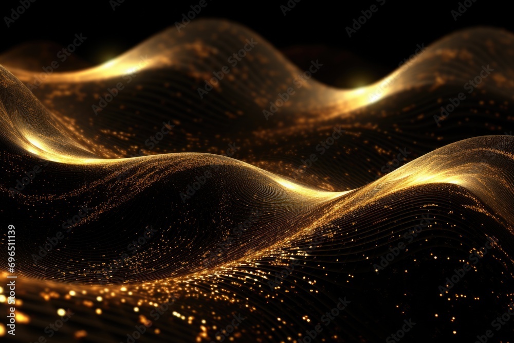 Poster A close up view of a wave made of gold glitter. This image can be used to add sparkle and shine to any design or project