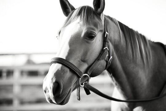 A black and white photo of a horse. Suitable for various purposes