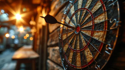 Foto op Plexiglas Dart arrow in centre of dartboard. Diffuse background of pub bokeh. © Paul