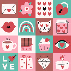 Mosaic seamless pattern for Valentine's Day. Geometric background with love symbols. Design for greeting card, wrapping paper or poster