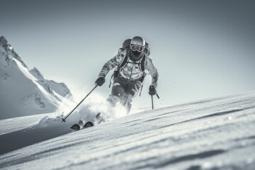 A man riding skis down a snow covered slope. Great for winter sports and outdoor activities
