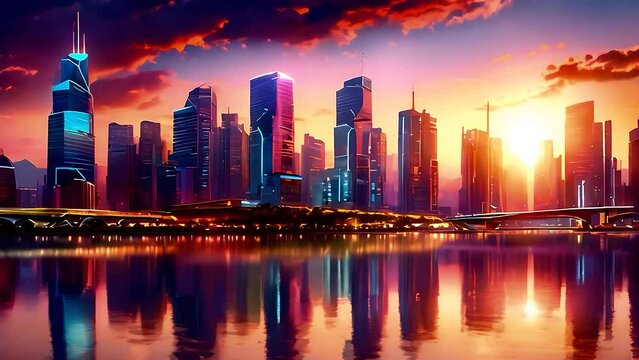 cityscape sunset sea or lake view beautiful, city scape sunrise view in the town with sky Generative Ai skyline