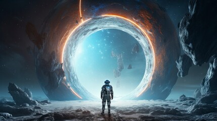 puzzled astronaut with a front portal on a planet - obrazy, fototapety, plakaty