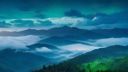 Tranquil sunrise over misty forest in mountain landscape