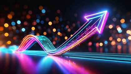 3d render abstract neon arrow ascending technological success concept glowing colorful lines and...