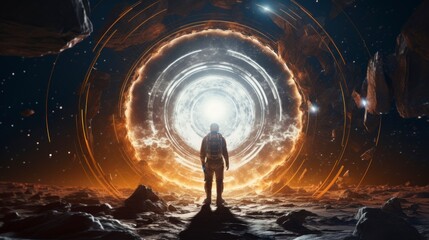 puzzled astronaut with a portal in front - obrazy, fototapety, plakaty