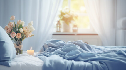 Cozy light white Bedroom with flowers and candles. pillows, duvet on a bed. Blue bed linen on a blue sofa. Bedroom with bed and bedding. Blurred view of light bedroom with big window - obrazy, fototapety, plakaty