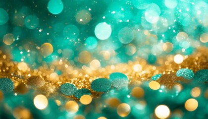 Obraz na płótnie Canvas teal green and gold glitter bokeh background for holiday celebration