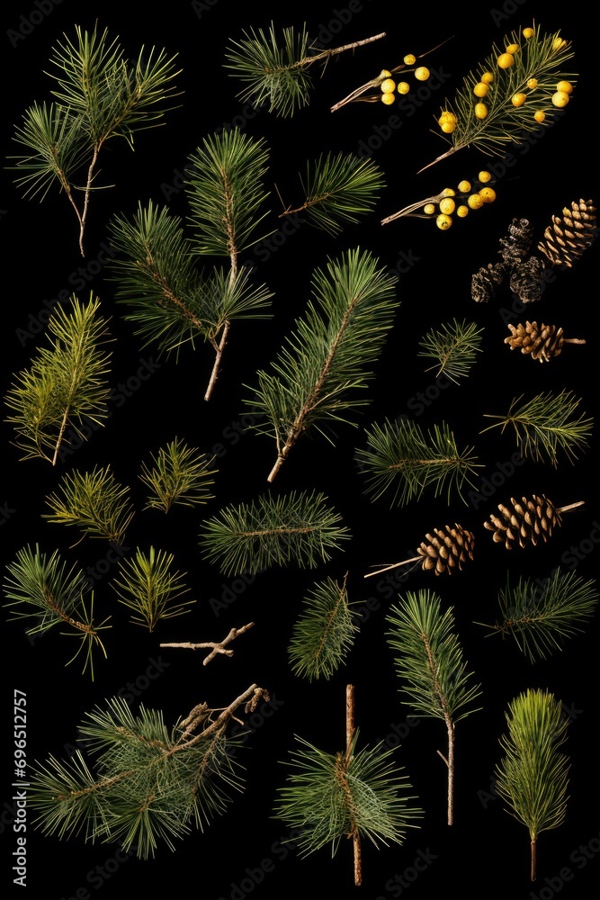 Poster Pine branches and cones arranged in a bunch on a black background. Suitable for various projects and designs