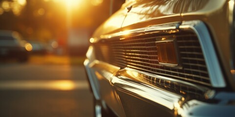 A close-up view of a car's grille with the sun shining in the background. This image can be used to depict transportation, automotive industry, or a sunny day concept