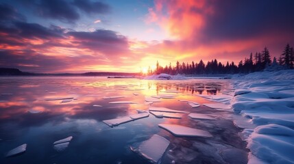 winter landscape with frost, snow and ice on lake and sunset sky with dramatic colored clouds - Powered by Adobe