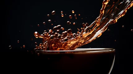 Selbstklebende Fototapeten Sharp shot of a coffee bean dropping into a full cup of coffee. splashing coffee.  © Lisanne