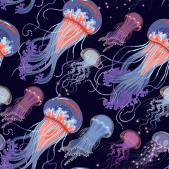 Vector seamless pattern with glowing jellyfish