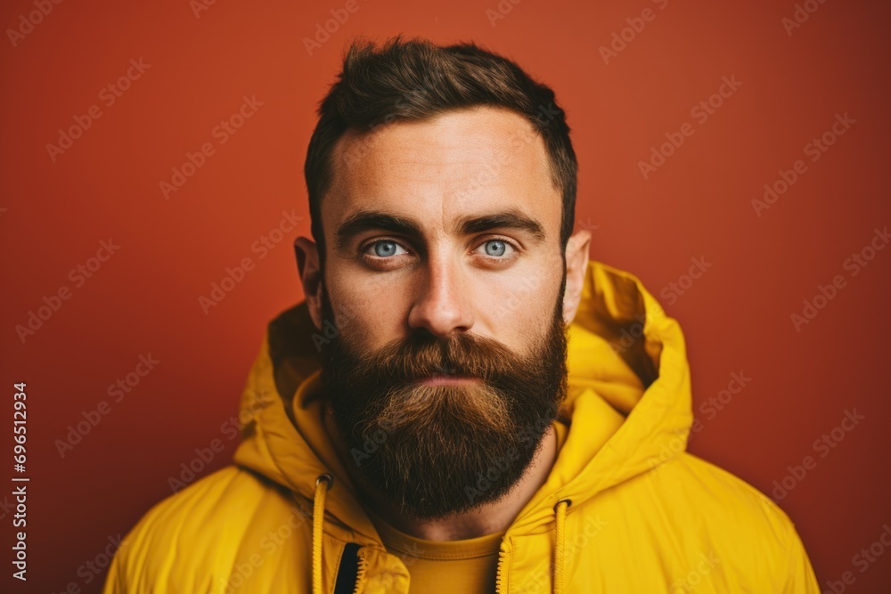 Poster a man with a beard wearing a yellow jacket. suitable for various uses
