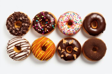 A collection of delicious doughnuts displayed on a clean white surface. Perfect for food blogs, bakery advertisements, or dessert recipes