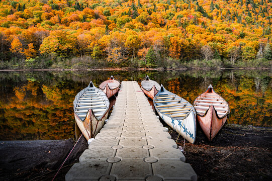 Canoes docked to a quay on the shores of Jacques Cartier river on a wonderful and colorful Fall day, QC, Canada