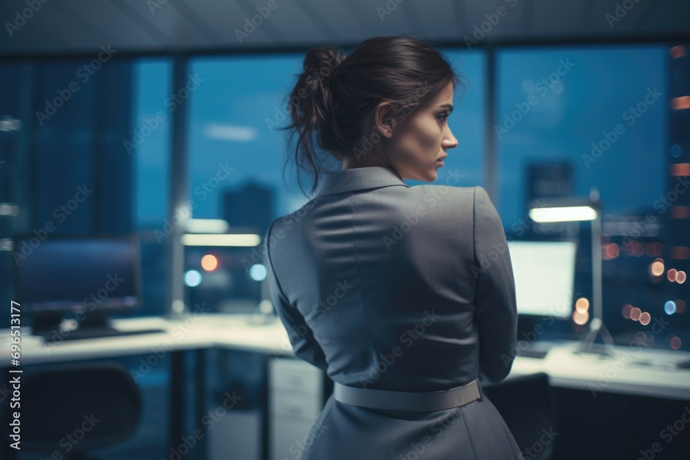 Poster a woman standing in front of a computer desk. suitable for technology, work, and office-related them