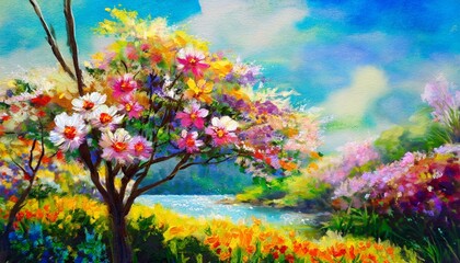 painting style illustration flower blossom tree with nature landscape generative ai