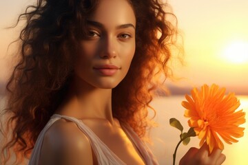 Naklejka premium A woman holds a flower against a beautiful sunset. Ideal for romantic, nature, or mindfulness concepts