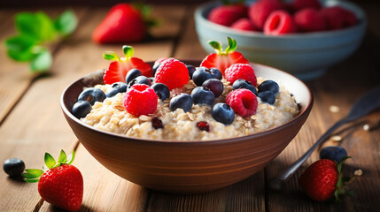 Colorful breakfast meal of oatmeal porridge and fresh raspberries, blueberries and strawberries on a sunny kitchen surface with copy space, breakfast concept