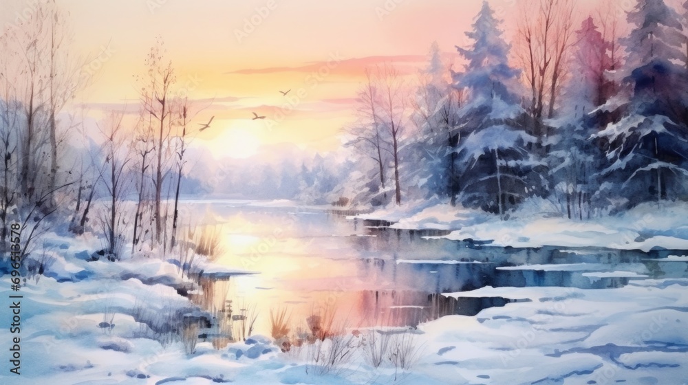 Poster a beautiful watercolor painting depicting a serene winter scene. perfect for adding a touch of elega