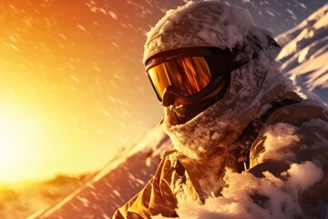 A person wearing a snow suit and goggles is pictured on a snowy mountain. This image can be used to depict winter sports, outdoor activities, or mountain adventures