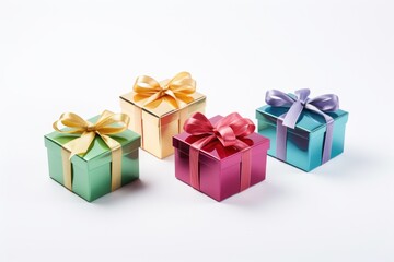 Obraz premium Three vibrant gift boxes with decorative bows on a clean white background. Perfect for any occasion or celebration