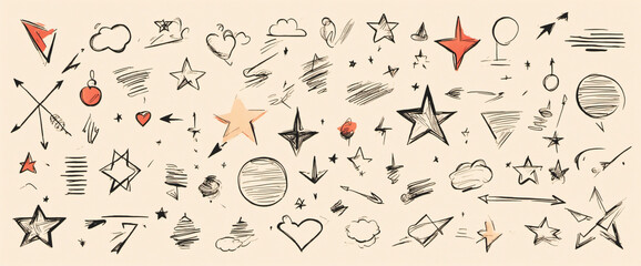 Sketch line arrow element, star, heart shape. Hand drawn doodle sketch style circle, cloud speech bubble grunge element set. Arrow, star, heart brush decoration. - Powered by Adobe